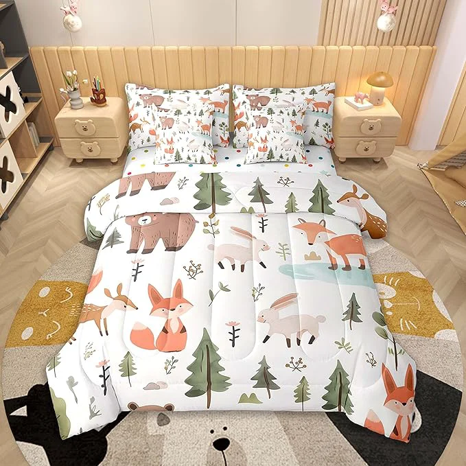 Minimalist Feelyou Cartoon Animals Comforter Set 7 Pieces Full Size Cute Zoo Bear Fox Rabbit Bedding Set for Boys Girls Nature Bed in a Bag with Comforter Sheets Pillowcases amp Cushion Covers Sophisticated