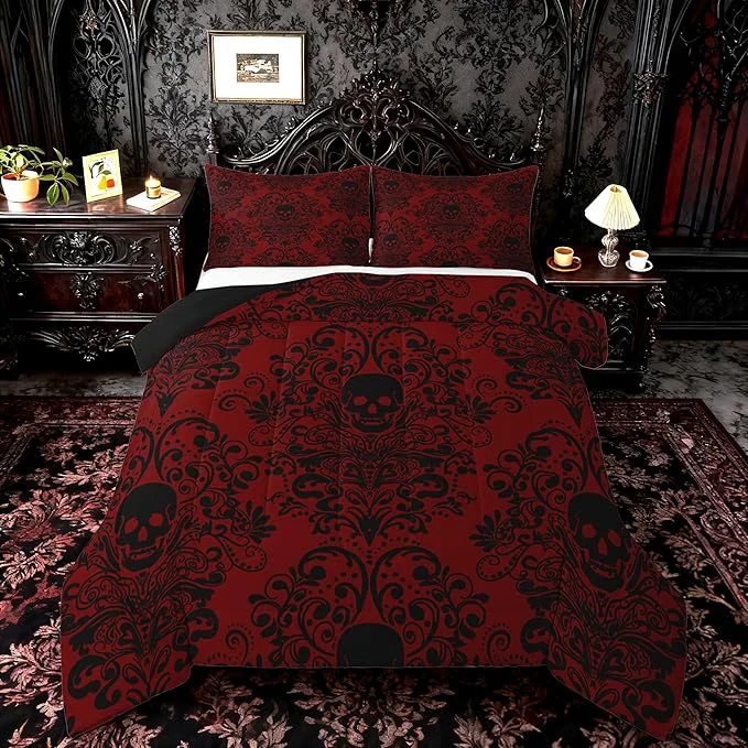 Sustainable Feelyou Adults Gothic Skull Bedding Set Twin Size Kids Damask Print Comforter Goth Bohemian Duvet Breathable Soft Lightweight Microfiber Black Red Room Decor with 1 Pillowcase Fine