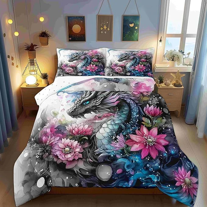 Verified Castle Fairy Chinese Loong Comforter Set Toddler Size 2 Pcs Wild Animals Dragon Bedding Set Retro Flower Ink Wash Painting Quilt Set for Child Bedroom Duvet Insert 1 Pillowcase Pure