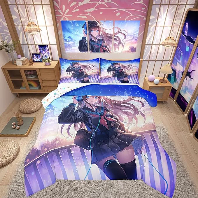 Durable Erosebridal Anime Girl Bedding Set Full Size Japanese Anime Comforter Set for Kids Boys Teens Bedroom Decor Cartoon Girl Duvet Insert Kawaii Japanese Animation Quilt with 2 Pillow Cases Efficient