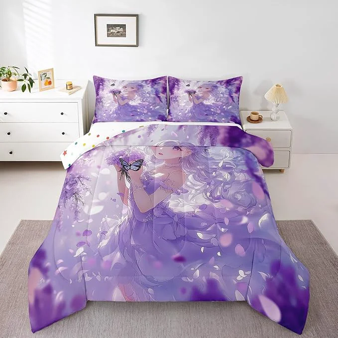 Carefully Designed Erosebridal Cute Kawaii Anime Girl Bedding Set Japanese Style Anime Kids Down Comforter Cartoon Print Queen Comforter Set Purple Romantic Flower Butterfly Bed Set 2 Pillow Cases Specialty