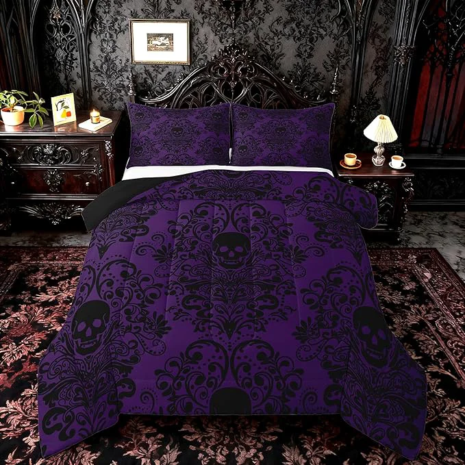 Smooth Feelyou Adults Gothic Skull Bedding Set Twin Size Kids Damask Print Comforter Goth Bohemian Duvet Breathable Soft Lightweight Microfiber Black Purple Room Decor with 1 Pillowcase High-End