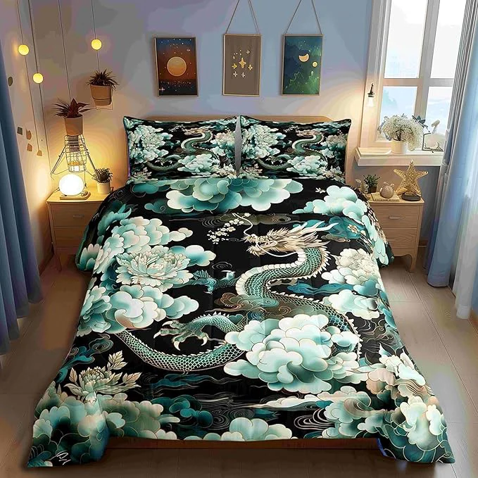 Selected Castle Fairy Propitious Cloud Peony Flower 3 Pcs Queen Size Comforter Set Dragon Down Adults Room Decor Chinese Loong Ultra Soft Microfiber Inner Fill 3Pcs Bedding Prestigious