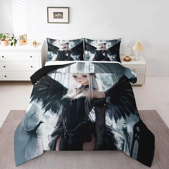Efficient Erosebridal Anime Girl Bedding Set Full Size Kawaii Japanese Anime Comforter for Kids Boys Teens Adult Cartoon Girl Quilt Japan Animation Bedroom Decor Machine Washable Black White Unique