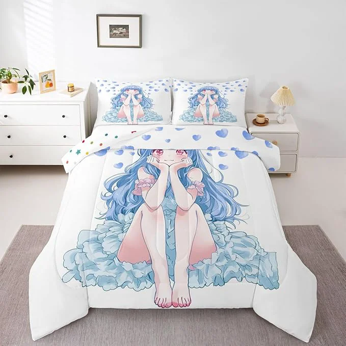 Breathable Erosebridal Blue Girly Anime Kids Down Comforter Twin Cute Cartoon Girl Comforter Set Romantic Aesthetic Bedding Set Kawaii Watercolor Love Heart Quilt Set 1 Pillow Case Easy-to-Use
