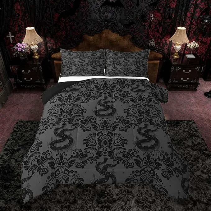 Elegant Feelyou Adults Gothic Bedding Set Soft for Boys Girls Dark Olive Green Damask Comforter Set King Size Snake Duvet Quilt Microfiber Bedroom Decor 3 Pcs with 2 Pillow Cases Detailed