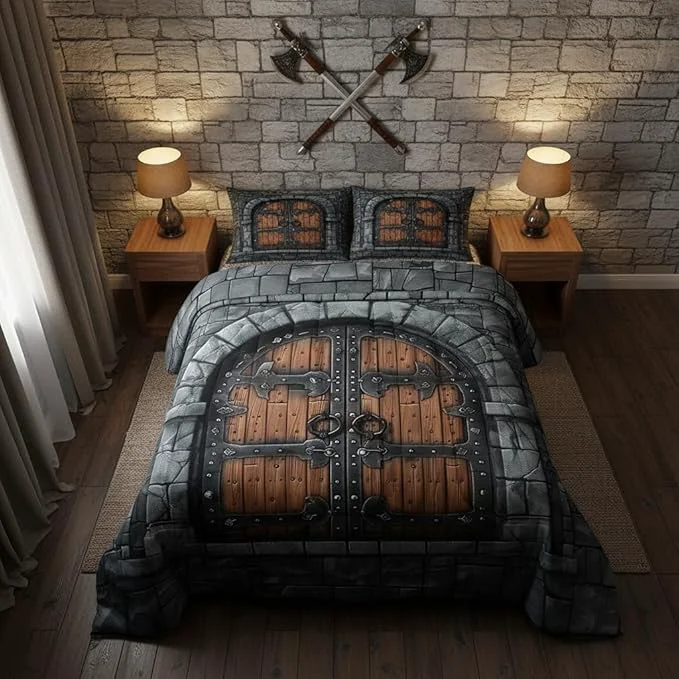 Superior Castle Walls Bed Comforter Set Queen Size Knight Wall Super Soft Microfiber Bedding Set for Girls Boys Fairytale Medieval Themed Decorative Quilter Set 3 Pcs Flexible