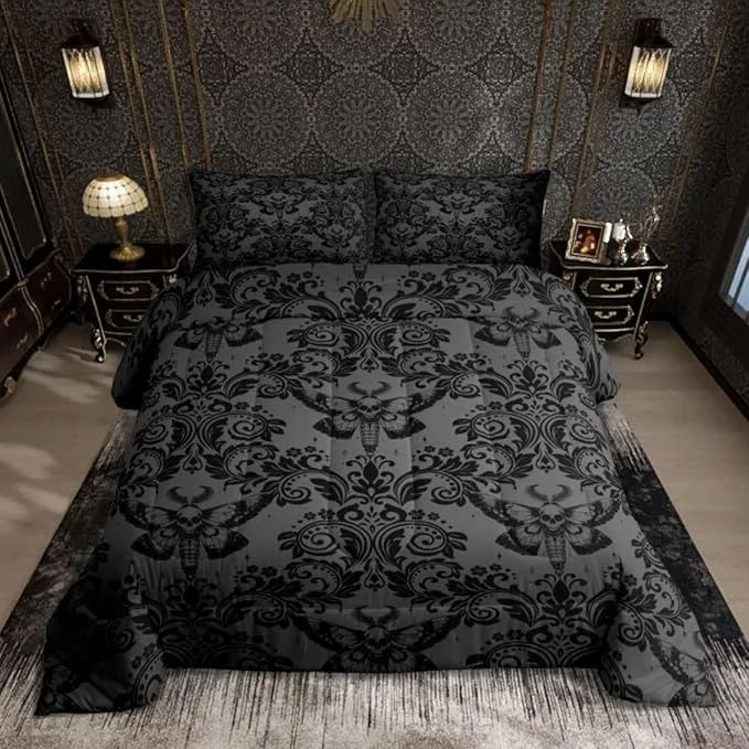 User-Friendly Feelyou Adults Gothic Comforter Set King Size Dark Olive Green Damask Comforter Death Moth Bohemia Boho Bedding Set Goth Skull Duvet Set Vintage Victorian Baroque Floral Quilt Set 3Pcs Excellent