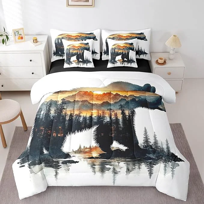 Secure Feelyou Bear Comforter Set 7 Pieces Queen Size Rustic Cabin Country Bedding Set for Boys Girls Nature Wildlife Bed in a Bag with Comforter Sheets Pillowcases amp Cushion Covers Professional