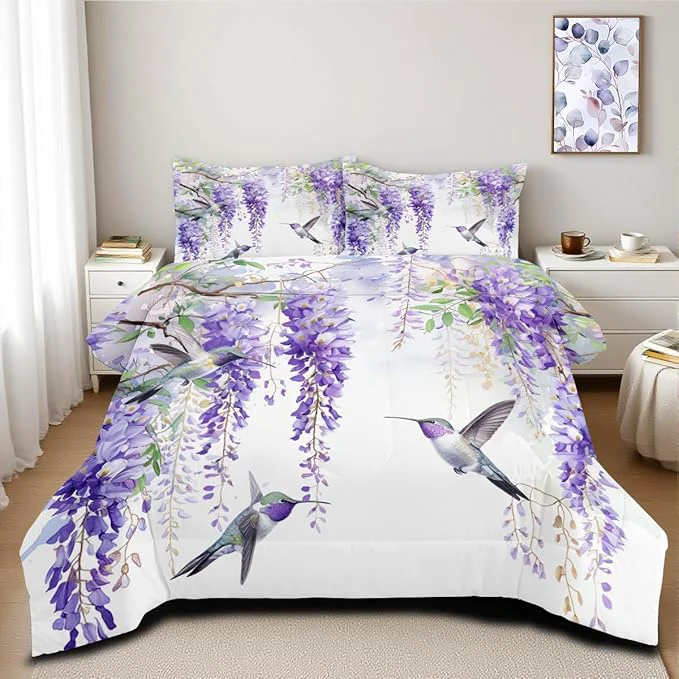 Environmentally Friendly Comforter Set Full Purple Wisteria Bedding Set Hummingbirds Bedding Soft Down Comforter with 2 Pillowcases Aesthetic Floral Design Flexible