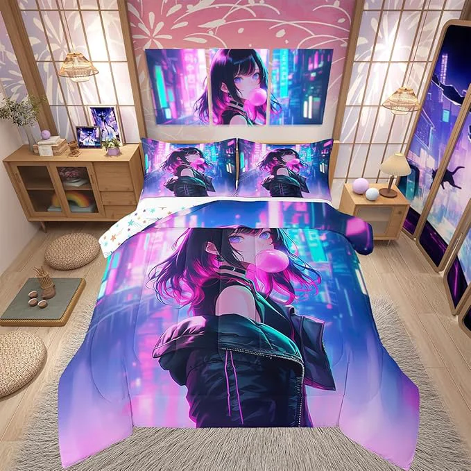 Elite Erosebridal Anime Girl Comforter Set Full Size Kawaii Japanese Anime Quilt for Kids Boys Teens Adult Cartoon Girl Bedding Set Japan Animation Bedroom Decor Machine Washable Lightweight Healthy