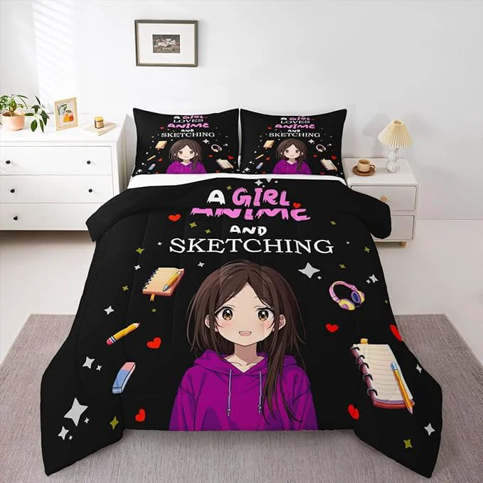User-Friendly Erosebridal Japanese Girl Bedding Set Anime Cartoon King Down Comforter Japanese Style Girly Black Comforter Set Aesthetic Cool Anime Modern Art Quilt Set for Kids Bedroom Decor Carefully Designed