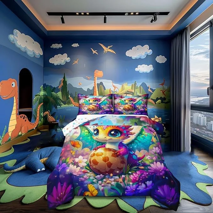 Organic Cartoon Dragon 3 Pcs Queen Size Comforter Set Watercolor Flowers Butterfly Down Adults Bedroom Decor Baby Dragon Eggs Ultra Soft Microfiber Inner Fill 3Pcs Bedding Excellent
