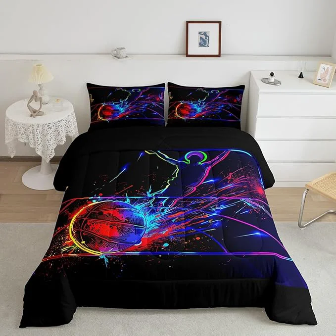 Superior Erosebridal Basketball Comforter Set Queen 3D Sports Bedding Sets for Boys Teens Kids Men Tie Dye Fire and Ice Comforter Player Sport Game Warm Soft Lightweight Red Blue Quilt Set Black Convenient