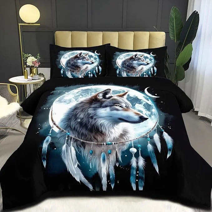 Functional Wolf Comforter Set King Size Wolves Moon Bedding Set Dream Catcher amp Animal Pattern on Black Bedding Western Boho Tribal Comforter Soft Microfiber Down Quilt 3 Pieces Excellent