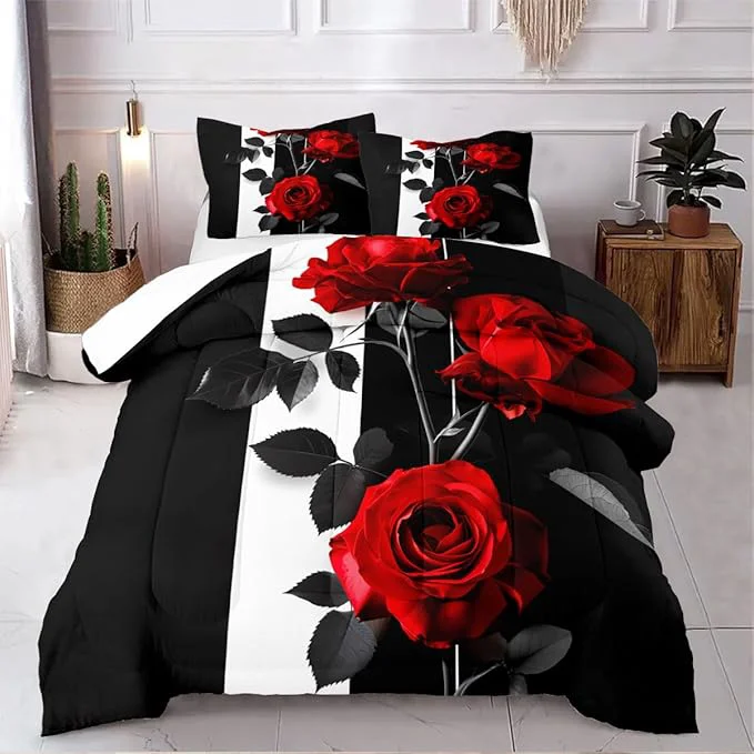 Easy-to-Use Rose Comforter Set King Black Red Bedding Set Striped Floral Bedding for Women Aesthetic Comforter with 2 Pillowcases Ultra Soft Lightweight 3Pieces Crafted