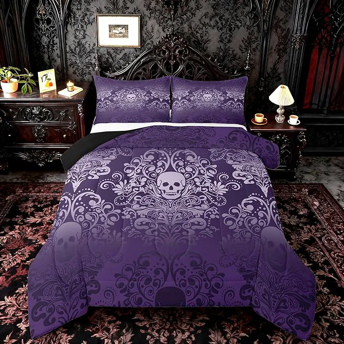 Sustainable Feelyou Adults Gothic Skull Bedding Set Twin Size Kids Damask Print Comforter Goth Bohemian Duvet Breathable Soft Lightweight Microfiber Purple Room Decor with 1 Pillowcase Consistent