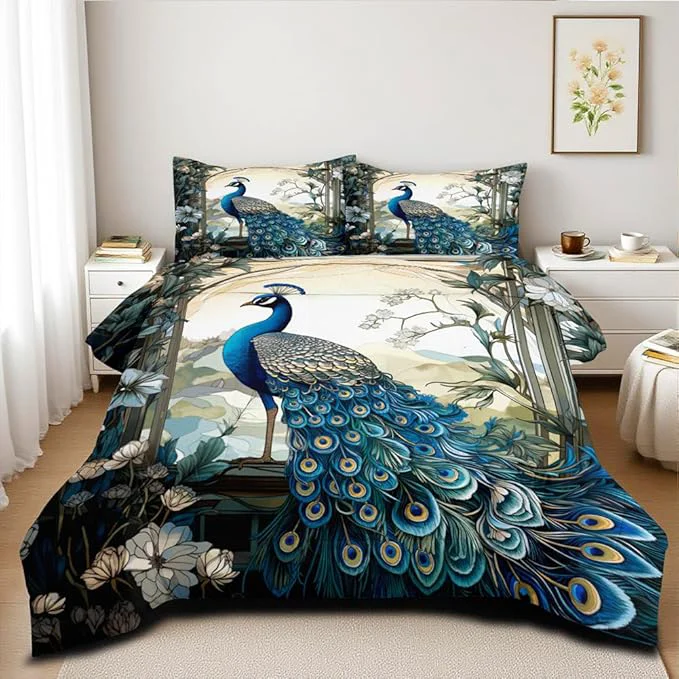Functional Blue Peacock Comforter Set Queen Size Bird and Floral Bedding Set Animal Feather Bedding Sets Victorian Style Flower Birds Comforters Soft Down Comforter Sets for All Season Secure