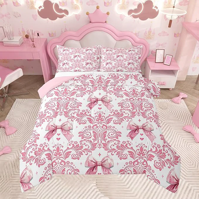 Modern Feelyou Girls Pink Bowknot Comforter Set Twin Size Goth Damask Comforter Victorian-Themed Bedding Set Baroque Duvet Set Vintage Floral Quilt Set 2Pcs First-Class