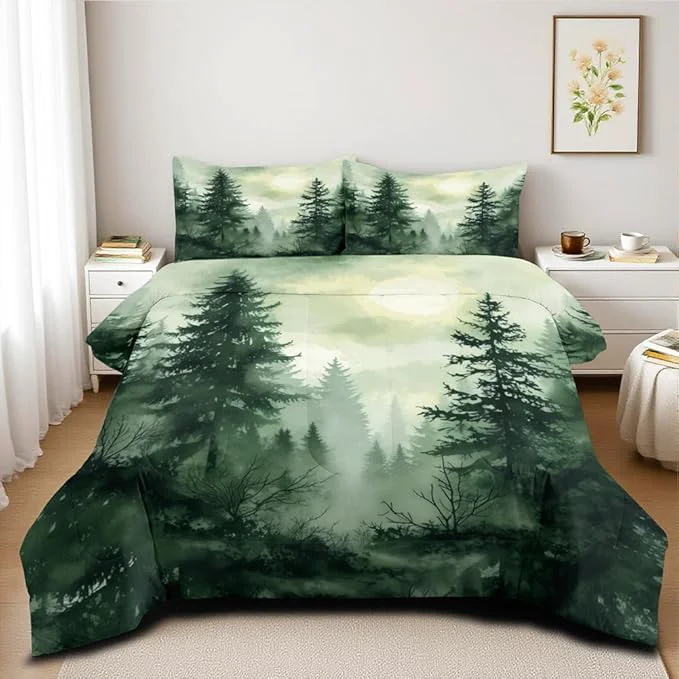 Convenient Olive Green Botanical Comforter Set King Size Green Woodland Forest Tree Comforters Ombre Nature Landscape Bedding Set Army Green Pine Trees Bedding Ultra Soft Microfiber Powerful
