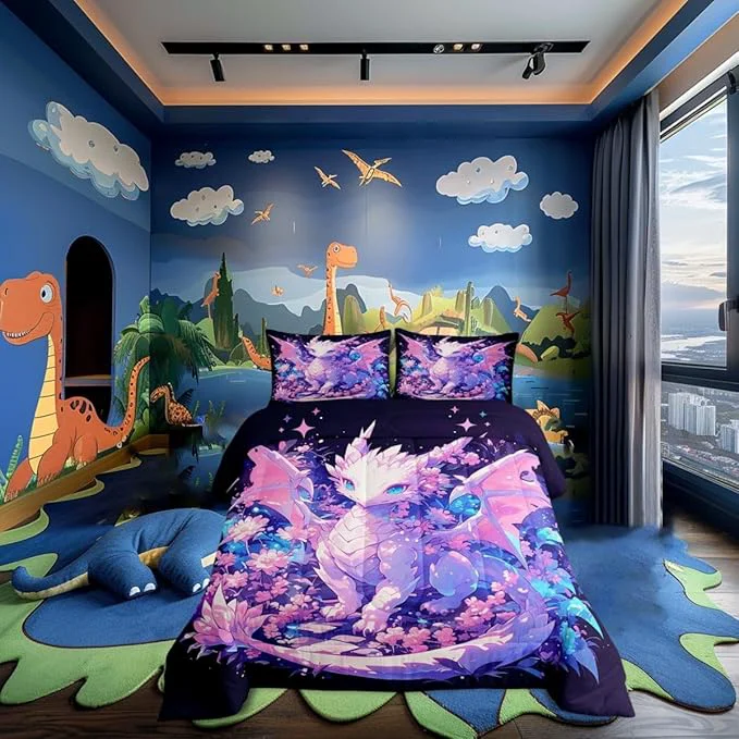 Excellent Castle Fairy Kids Dragon Twin Size Comforter Set Cartoon Dragon Wildlife Quilt Set Soft Bed Collection Watercolor Flower Bedding Comforter for Boys Girls Room Decor 2 Pcs Official