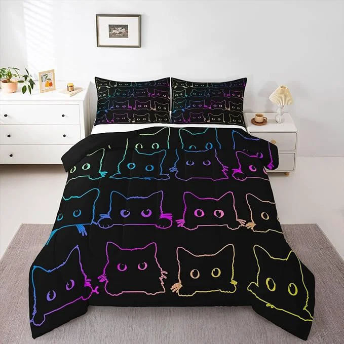 Functional Erosebridal Cute Cats Bedding Set Queen Kawaii Cat Pet Comforter Colorful Neon Ombre Animal Line Down Lovely Lovers Room Decor Lightweight Duvet For Teens Children Boy Girl Multi 362 User-Friendly