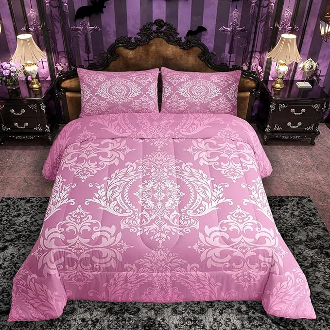 Efficient Feelyou Adults Pink Vintage Damask Floral Comforter Set Oriental Antique Comforter Twin Size Gothic Bohemia Boho Floral Bedding Set Bohemian Exotic Duvet Set Quilt Set 2Pcs High-Quality