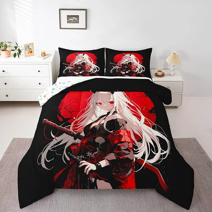 Genuine Erosebridal Queen Japanese Anime Bedding Set for Kids Anime Girl Comforter Set Kawaii Japanese Style Duvet Insert Cartoon Japan Animation Quilt for Boys Teens Adult Women Bedroom Red Black Natural