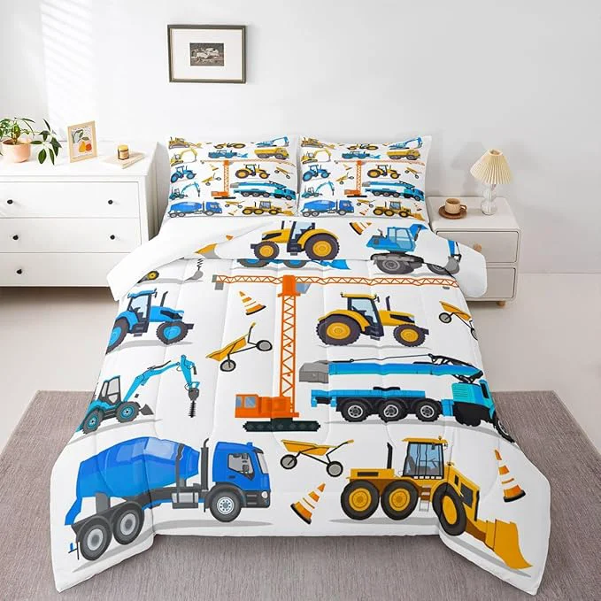 Solid Tractor Comforter Set King Excavator Bedding Set For Boys Kid Construction Trucks Down Comforter Yellow Blue Equipment Truck Machinery Vehicle Bedroom Decor Forklift Bulldozer Crane Duvet Insert Enhanced