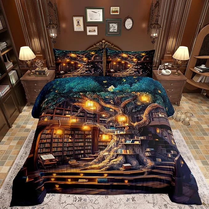 Verified Mysterious Bookshelf Kids Comforter Set Fantasy Fairy Tale Style Down Adults Room Decor Trees and Books Ultra Soft Microfiber Inner Fill 3Pcs Bedding Queen Size Artisan