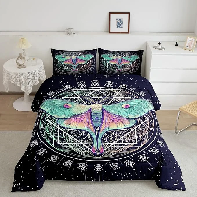 Organic Erosebridal Moth Butterfly Bedding Set – King Size Gothic Decor Down Comforter amp Duvet Set for Kids 39 Rooms – Navy Blue Casual
