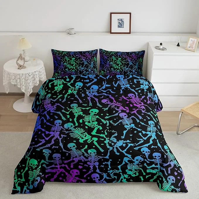 Official Sugar Skull Comforter Set Halloween Bedding Set Queen Size Green Blue Purple Ombre Down Comforter For Kids Boys Girls Skeleton Bones Quilted Duvet Warm Soft Horror Theme Bedroom Decor 3Pcs Proven