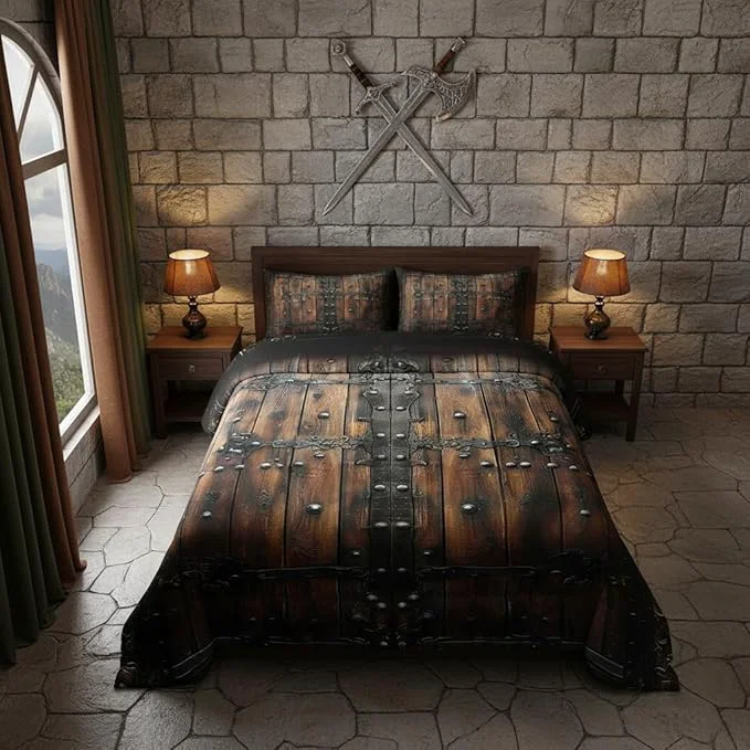 Minimalist Medieval Themed Boys Kids Comforter Set Full Size Retro Wooden Board Duvet Set Room Decor Castle Knight Wall Brushed Microfiber Soft Bedding Comforter 3 Pcs Sophisticated