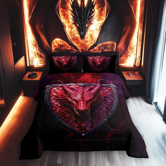 High-Grade Castle Fairy Dragon Kids Comforter Set 3D Wildlife Animals Scales Bedding Set All Season Western Fierce Animals Comforter 2 Pcs with 1 Pillowcase Toddler Size World-Class