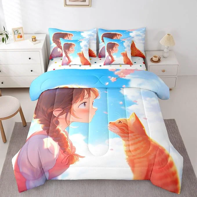 Trusted Erosebridal Japanese Anime Kids Bed in A Bag Cute Cartoon Girl Bedding Set Black Cat Animal King Comforter Set 7 Piece Romantic Aesthetic Girly Sheet Set with Comforter Casual