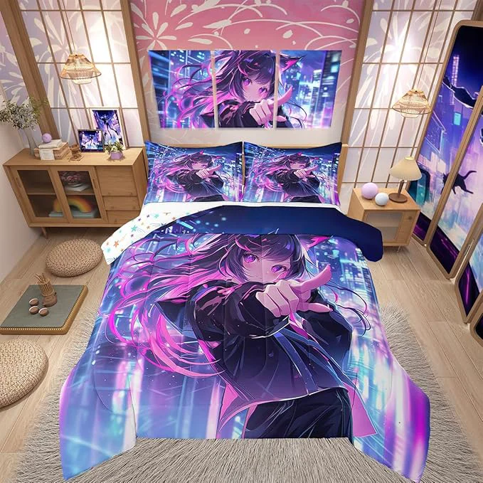 Breathable Erosebridal Kids Anime Girl Full Size Comforter Set Japanese Anime Bedding Set Cartoon Girl Quilt for Boys Teens Bedroom Decor Kawaii Japanese Animation Duvet Insert with 2 Pillow Cases Smooth