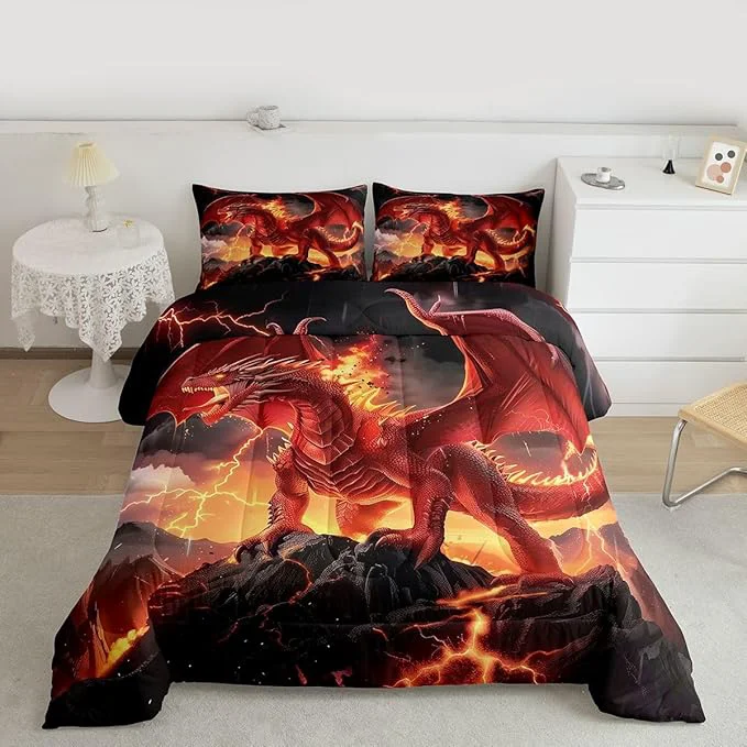 Artisan Castle Fairy Dragon Comforter Set Wild Animals Cool al Style Bedding Set Kids Teens Modern Decor Red Flame Dragons Comforter with 1 Pillowcase for All Seasons Twin Safe