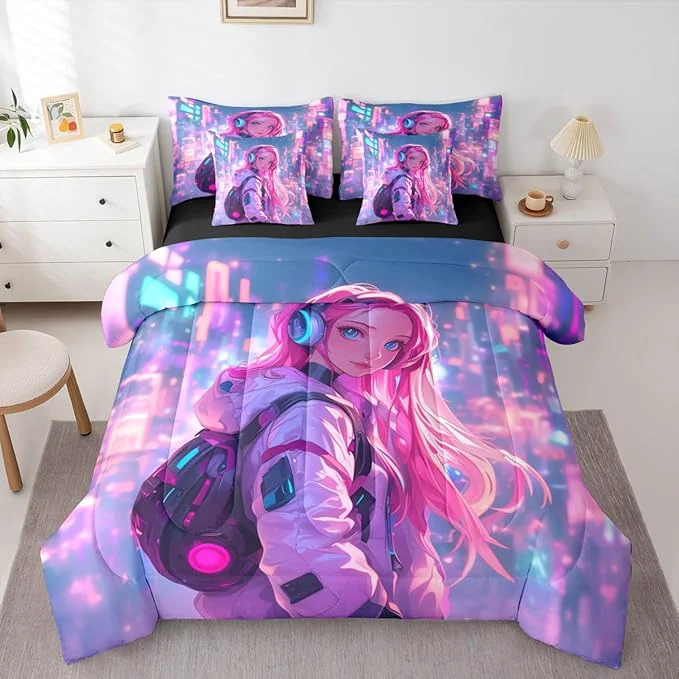 Innovative Erosebridal Anime Girl Full Comforter Set 7 Piece Japanese Style 3D Anime Bedding Set for Kids Girls Boys Room Decor Sci Fi Style Gaming Bed in A Bag Hot Pink Colorful Bed Bed Set Professional
