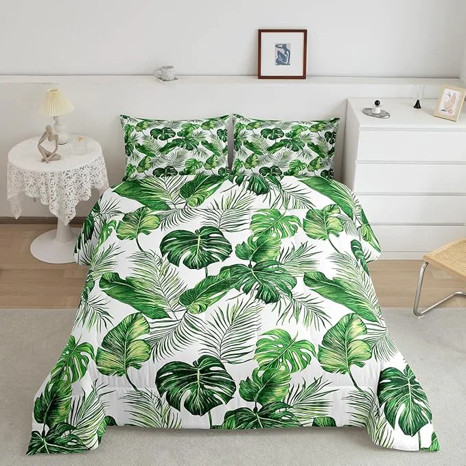 Long-Lasting Erosebridal Palm Leaves Comforter Set Hawaiian Bedding Set Monstera Banana Leaves Down Comforter Queen Size Summer Tropical Leaves Quilt Set Green White Lightweight 3Pcs Bedroom Decor Stylish