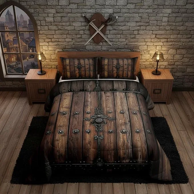 Versatile Castle Fairy Medieval Themed Wall Bed Comforter Set Queen Size Knight Walls Super Soft Microfiber Bedding Set for Kids Room Decor Retro Wooden Board Comforter Set 2 Pillowcases Casual