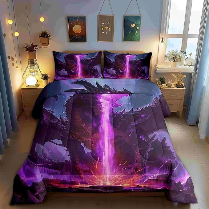 Casual Castle Fairy Purple Lightning Flame Boys Girls Comforter Set Full Size Dragon Duvet Set Teens Bedroom Decor Mysterious Western Animals Microfiber Soft Bedding High-Quality
