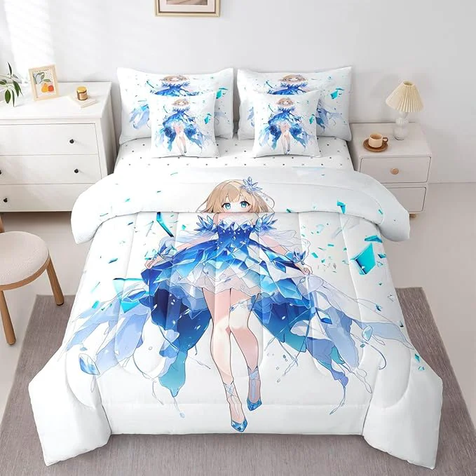 Smooth Erosebridal Anime Girl Twin Comforter Set 7 Piece Japanese Girl Bedding Set 3D Anime Cartoon Bed in A Bag for Kids Japanese Style Sheet Set with Comforter Blue Original