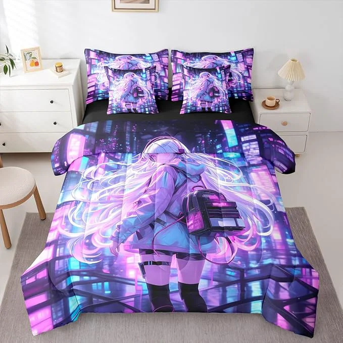 Green Erosebridal Japanese Girl Bed in A Bag Girly Anime Bedding Set for Kids Sci Fi Style Gaming Queen Comforter Set 7 Piece Room Decor 3D Cartoon Anime Girl Bed Set Solid