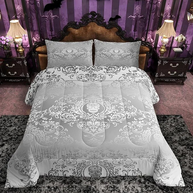 Elite Feelyou Adults Silver Vintage Damask Floral Comforter Set Oriental Antique Comforter Queen Size Gothic Bohemia Boho Bedding Set Exotic Sugar Skull Duvet Set Quilt Set 3Pcs Eco-Friendly