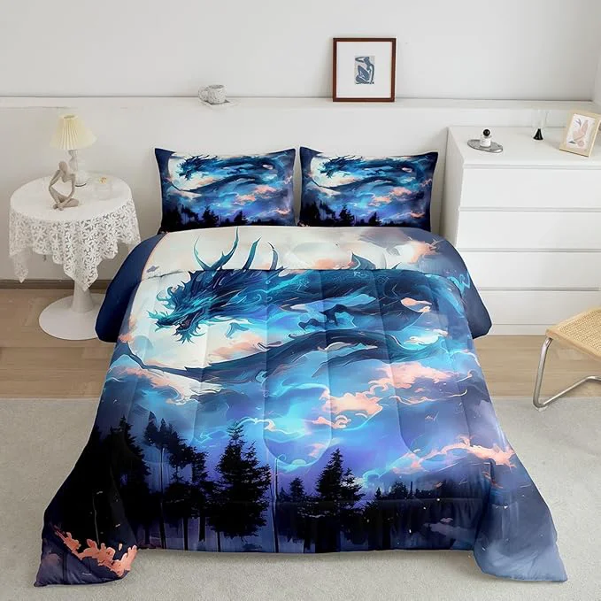 Long-Lasting Dragon Comforter Set King Size Blue Western al Animals Bedding Set Kids Boys Girls Room Decor Moon Starry Sky Volcano Lightning Quilt Set Trippy Style Wildlife Theme Duvet Insert 2 Pillowcases Optimized