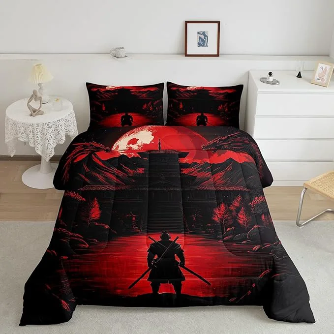 Exceptional Feelyou Dragon Comforter Set Toddler Size Japanese Style Comforter for Boys Girls Teens Samurai Bedding Set Sunset Duvet Set Room Decor Red Black Quilt Set Optimized