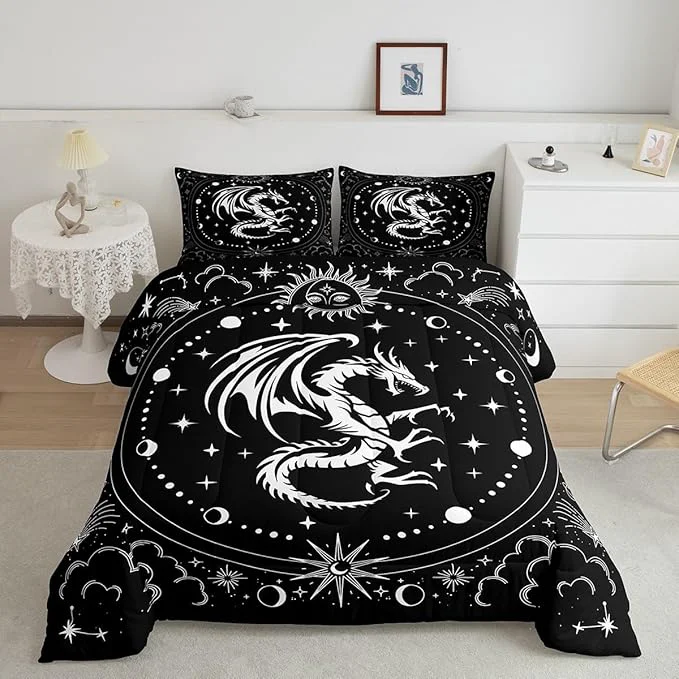 Solid Black White Dragon Comforter Set King Size Sun Moon Stars Cloud Galaxy Bedding Set for Kids Girls Boys Teens Room Decor Western al Boho Style Duvet Insert Exotic Luxury Quilt Set 2 Pillowcases Powerful