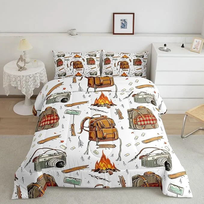 Solid Feelyou Camping Comforter Set Queen Size Camper Comforter Accessories for Travel Trailers Bedding Set Camping Backpack Print Duvet Set Room Decor Jade White Quilt Set Sophisticated