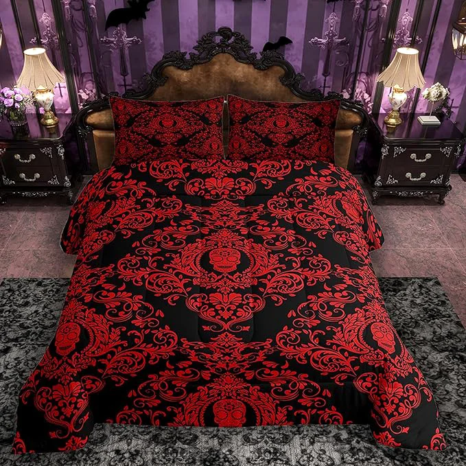 Detailed Feelyou Adults Red Vintage Damask Floral Comforter Set Oriental Antique Comforter King Size Gothic Bohemia Boho Bedding Set Exotic Sugar Skull Duvet Set Quilt Set 3Pcs Advanced