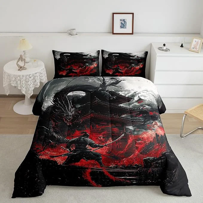 Advanced Feelyou Dragon Comforter Set King Size Japanese Style Comforter for Boys Girls Teens Samurai Bedding Set Dragon Decor Duvet Set Room Decor Black Red Quilt Set High-Quality